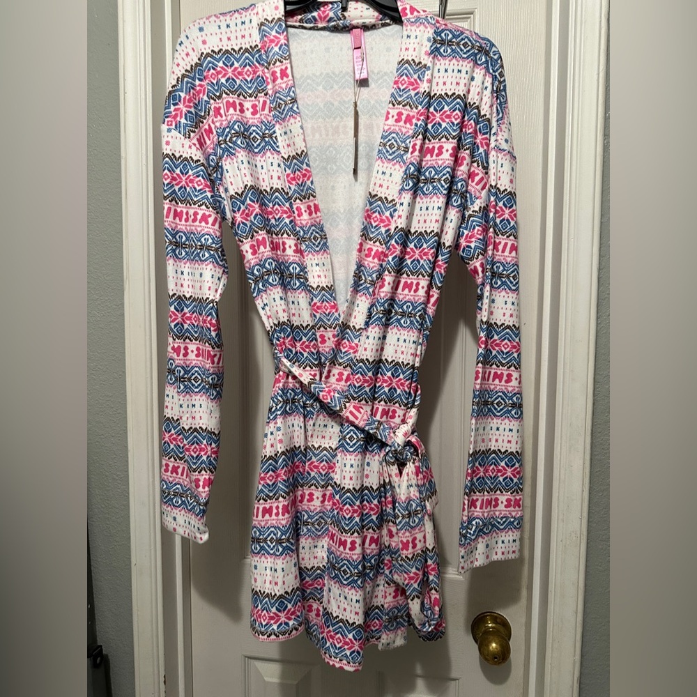NWT SKIMS Soft Lounge Robe Logo Plush Pointelle Short Robe Opal Fair Isle Large